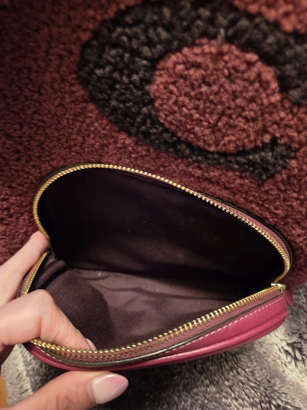 Coach Burgundy Pebbled Leather Front Backpack with Burgundy Sherpa